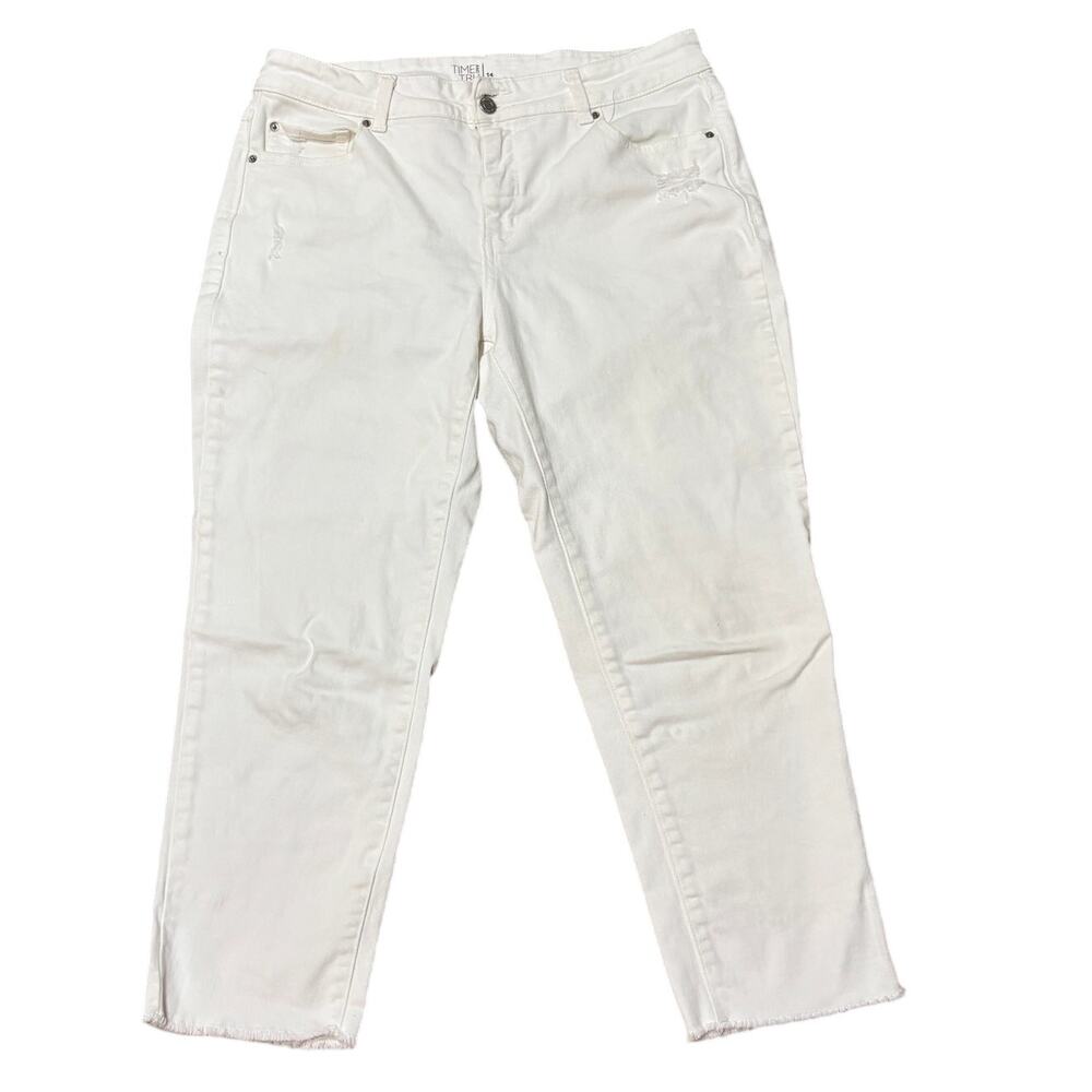 White Mid Rise Ankle Jeans Slim Sz 14 Distressed W34-36 L24 Stretchy Time & Tru